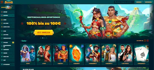 Spinanga Casino – Willkommensbonus 100% bis zu 100€ auf die erste Einzahlung. Spinanga Casino – Ersteinzahlungs-Sportbonus 100% bis zu 100€, Startseite mit Casino-Spielen, Slots und Live-Casino.