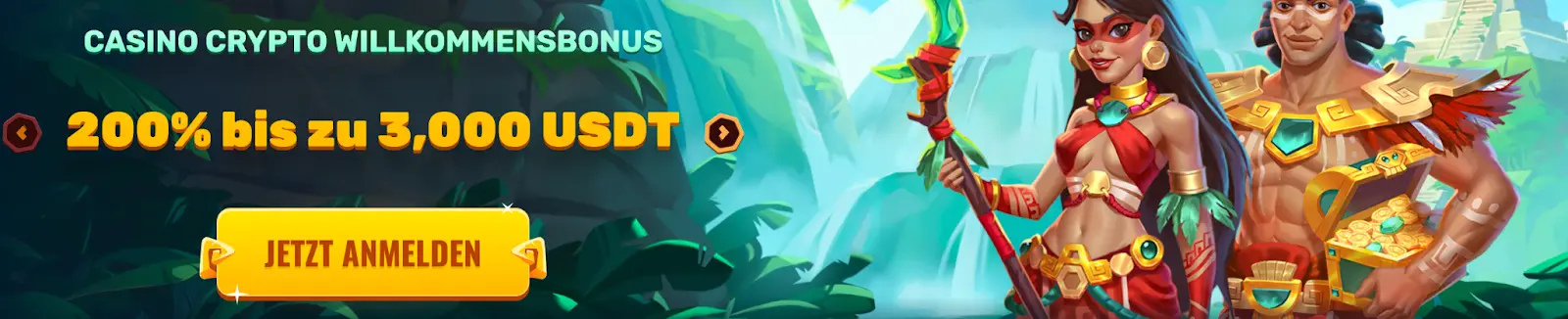 Casino Crypto Bonus – 200% bis zu 3.000 USDT. Casino Crypto Willkommensbonus – 200% bis zu 3.000 USDT, Jetzt Anmelden, Abbildung eines Abenteurerpaares mit Schatztruhe im Dschungel.
