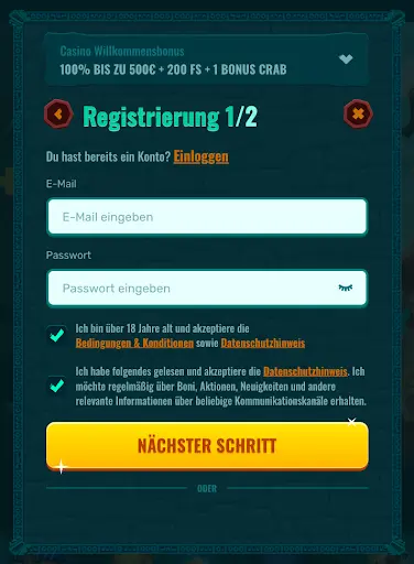 Spinanga Casino – Registrierung und Willkommensbonus sichern. Spinanga Casino – Registrierungsformular Schritt 1/2 mit Willkommensbonus 100% bis zu 500€ + 200 Freispiele + 1 Bonus Crab.