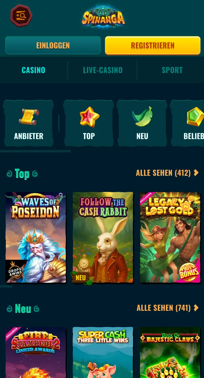 Spinanga Casino Spiele – Top und Neueste Slots. Spinanga Casino – Auswahl an Top- und neuen Spielautomaten wie Waves of Poseidon, Follow the Cash Rabbit und Legacy of Lost God.