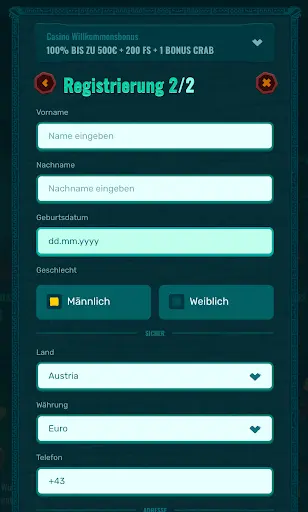 Spinanga Registrierungsformular Schritt 2 von 2 – Eingabefelder für Vorname, Nachname, Geburtsdatum, Geschlecht (Männlich/Weiblich), Land, Währung und Telefonnummer.