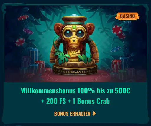 Spinanga Casino – Willkommensbonus 100% bis zu 500€ + 200 Freispiele + 1 Bonus Crab. Spinanga Casino – Willkommensbonus 100% bis zu 500€ mit goldener Affen-Statue, Pokerchips und Bonus Crab.