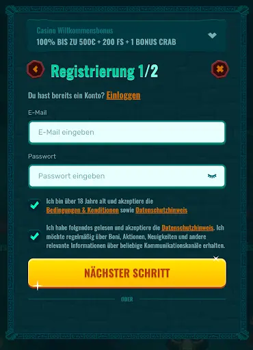 Spinanga Registrierungsformular Schritt 1 von 2 – Eingabefelder für E-Mail und Passwort, Checkboxen zur Zustimmung der Bedingungen & Konditionen und Datenschutzhinweis, gelber Button „Nächster Schritt“.
