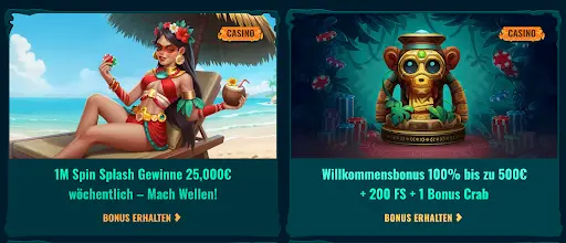 Spinanga Casino Bonusangebote – 25.000€ Spin Splash & 500€ Willkommensbonus. Spinanga Casino Aktionen – 1M Spin Splash mit wöchentlichen Gewinnen bis 25.000€ und Willkommensbonus 100% bis zu 500€ + 200 Freispiele + 1 Bonus Crab.